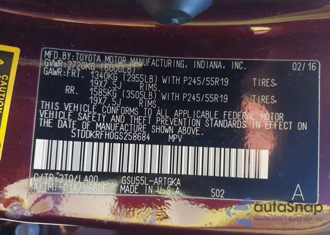 2016 Toyota Highlander Limited V6 from USA, damaged, VIN 5TDDKRFH0GS258684